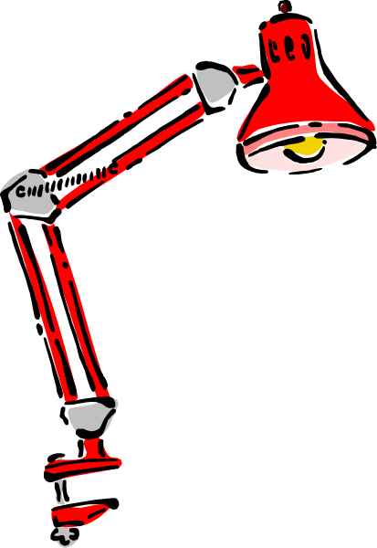 The image shows a red desk lamp with an adjustable arm positioned over what appears to be a black background.