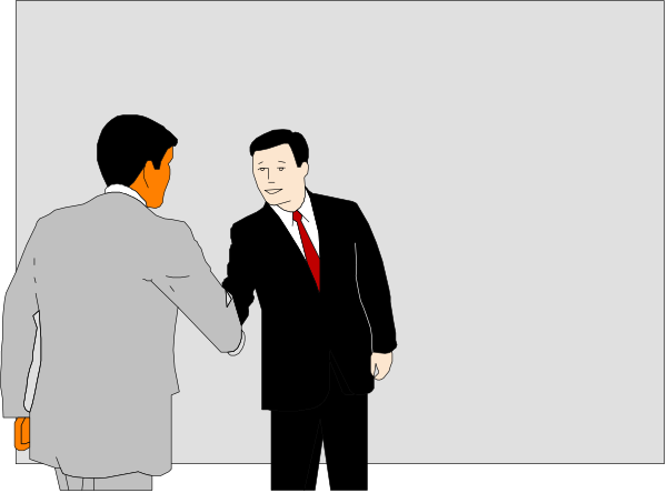 The image shows a cartoon of two men shaking hands at an event with a podium on stage behind them; there is no text present in this clip-art illustration.