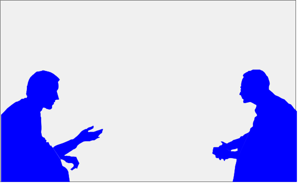 The image shows a black silhouette of two men sitting at desks facing each other with their hands on papers; there is no text present in this clip-art illustration.
