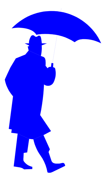 The image shows a black silhouette of an umbrella with raindrops falling from it against a gray background on one side; in contrast to this is another half showing a blue silhouette of a person holding an open umbrella, standing under its shelter and looking out into the distance.