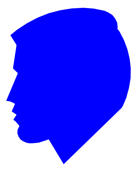 The image shows a blue silhouette of an adult male head with facial features against a dark background.