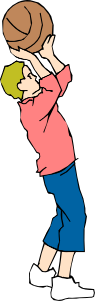 The image shows a cartoon of an animated boy shooting basketballs into a hoop while standing on top of it with his arms outstretched for balance.