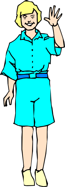 The image shows a cartoon of an animated character waving from behind what appears to be a door frame with their right hand while standing in front of it; this figure is wearing blue shorts and has short blonde hair, smiling at something off-screen.