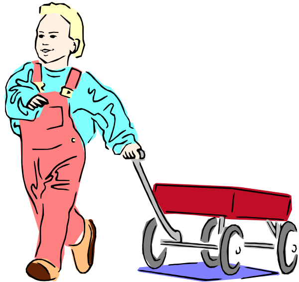 The illustration shows a child pushing an oversized toy wagon with wheels while wearing overalls; there is no text present in this image.