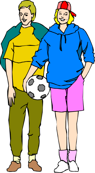 The illustration shows two cartoon characters standing side by side with a soccer ball between them; both individuals appear to be young adults wearing casual clothing—one in yellow shirt holding backpack straps over shoulders while smiling, and another person on right posing confidently with hands resting at sides or hips.