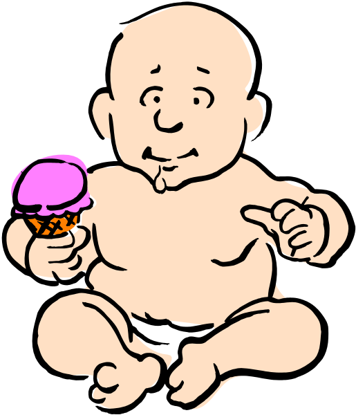 The cartoon shows a baby holding an ice cream cone with its left hand while pointing to it with its right index finger.