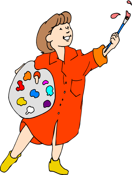 The illustration depicts a woman holding an easel with paintbrushes on it while standing next to a palette of paints; she is wearing yellow boots and has her hair in pigtails.