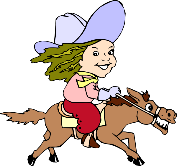 The cartoon depicts a girl riding on top of a brown horse with her hair blowing behind her due to motion; she is wearing cowboy attire including chaps and boots, holding onto reins while smiling at something off-frame.