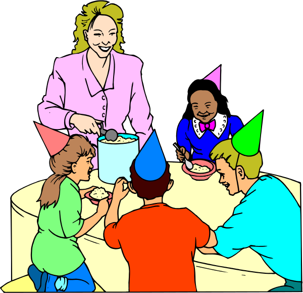 The illustration depicts a family of four sitting around a dining table with party hats on their heads; there is cake in front of them that one person appears to be serving from a bowl using tongs, and another individual seems to have finished eating as indicated by an empty plate next to the cake.
