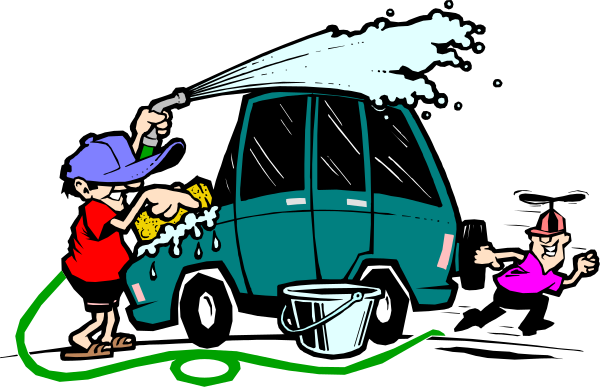 The cartoon shows a man washing his van with water from an open hose while another person watches nearby; there's also a dog in front of them both looking at something off-frame.