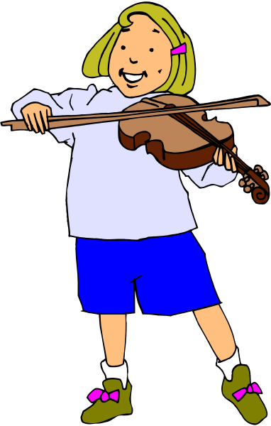 The illustration shows a cartoon girl with blonde hair playing violin while wearing blue shorts and holding her bow upwards in front of herself; she is smiling at something off-frame to the right side, which appears as an empty space within this image.