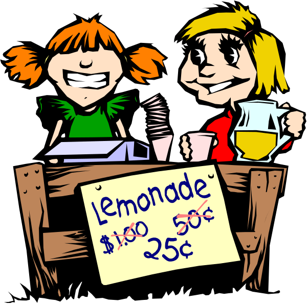 The image shows a cartoon of two girls sitting at an outdoor lemonade stand with price signs for different sizes of drinks: $1 per cup (25 cents) and 60 cent ($1). They appear to be enjoying their time, possibly on a sunny day given the shadows cast. There's also text that reads "LEMONADE" in bold letters atop one sign. The background is dark with some indistinct shapes suggesting an outdoor setting like trees or bushes behind them.