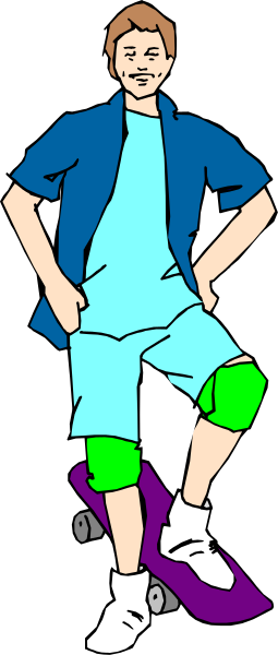 The image shows a cartoon of an adult male character standing on top of a skateboard with his arms outstretched as if he is in motion. He has short hair, wears casual clothing including shorts and sneakers, and appears to be smiling or laughing while riding the board downhill.