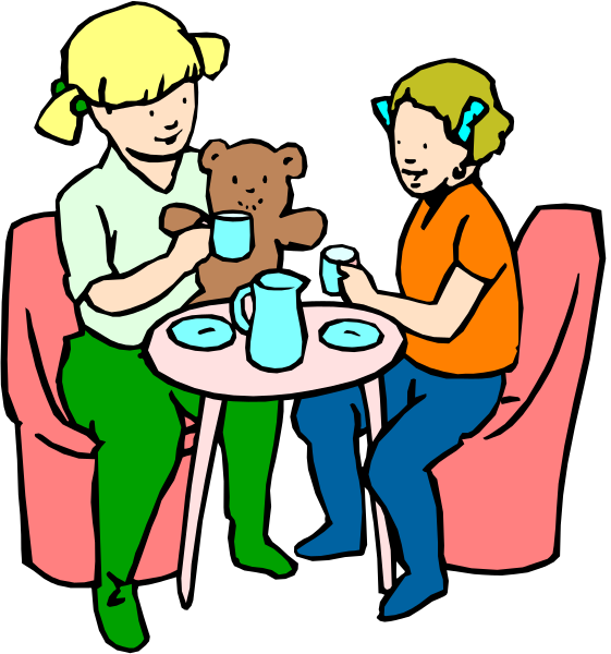 The illustration depicts a woman sitting at a table with two children; she is holding a teddy bear while another child holds a cup of tea. They appear to be in an indoor room during daylight, as suggested by natural light coming through windows not visible within this frame.