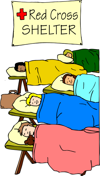 The image shows a cartoon of an emergency shelter with several beds filled with sleeping individuals labeled "Red Cross Shelter."