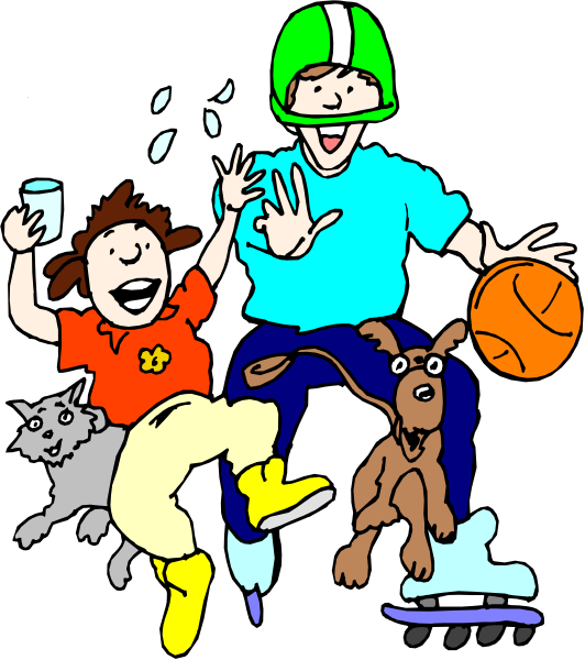 The illustration depicts a family of four with two children sitting on skateboards next to each other while an adult stands behind them holding a dog's leash; all three people have big smiles as if posing for this photo, and there is another person in front who appears surprised or excited.