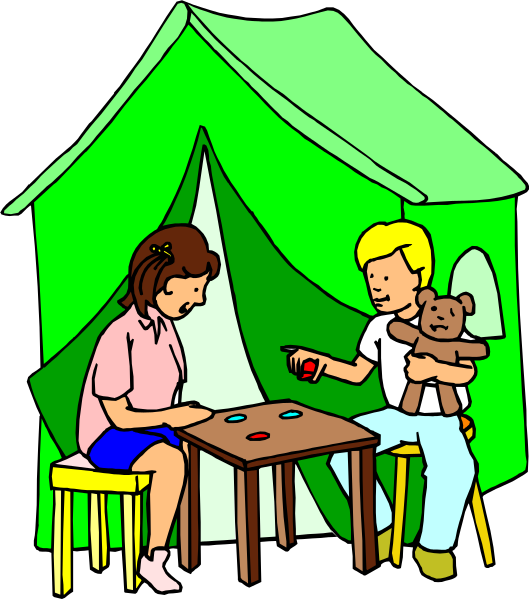 The illustration depicts a man sitting at an outdoor table with his daughter playing on it while he is holding her teddy bear in one hand and cards in another; behind them stands a tent set up for camping, suggesting that this scene takes place outdoors during daylight hours under clear skies.