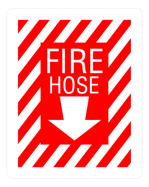 The image shows a sign with red stripes that says "FIRE FIELD" at top left corner, followed by an arrow pointing down to another line of text reading "Fire Hose." Below this is a graphic representation of fire hoses and water droplets in white on the right side. On the bottom half there's a large button with red stripes that says "FIRE FIELD" again at top, followed by an arrow pointing down to another line of text reading "Fire Hose." Below this is a graphic representation of fire hoses and water droplets in