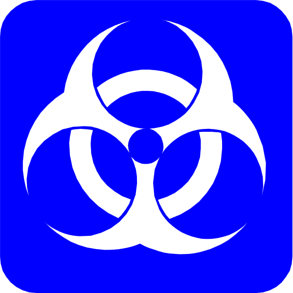 The image shows a blue hazard sign with white symbols that resemble biological molecules within it, indicating some form of biohazard warning.