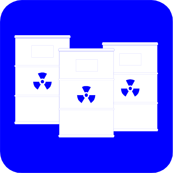 The image shows three blue trash cans with a white radioactive symbol on them against a dark background.