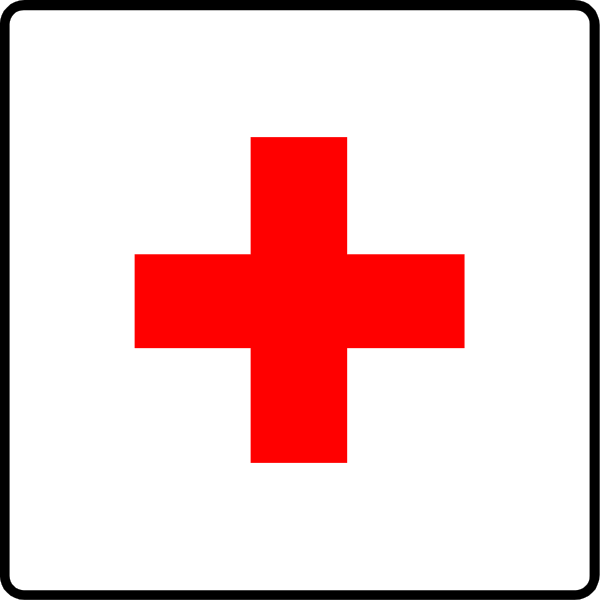 The image shows a red cross on white background with black border lines forming an X shape around it.