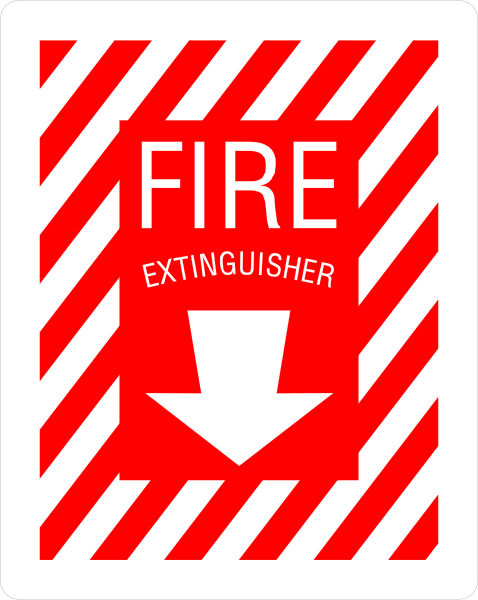 The image shows a red fire extinguisher with white stripes on it next to an arrow pointing upwards towards a button labeled "FIRE".