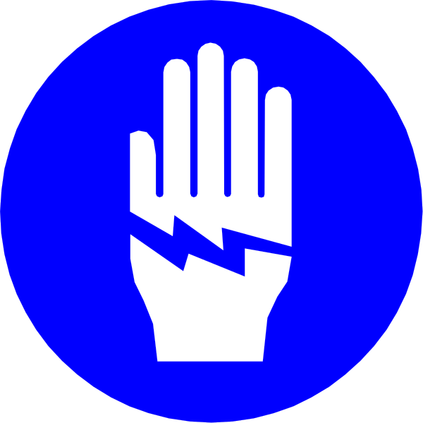 The image shows a blue circle with two white symbols inside: on top left is an icon of lightning bolt within a hand gesture; below it to right is another symbol that looks like a battery charge indicator.