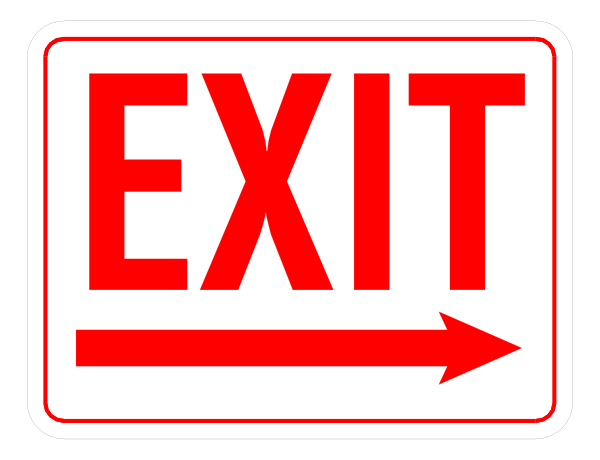 The image shows a red exit sign with an arrow pointing to its right side indicating directionality of movement outward from that point.