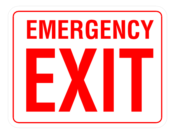 The image shows a red exit sign with white text that reads "Emergency Exit" on top of it.