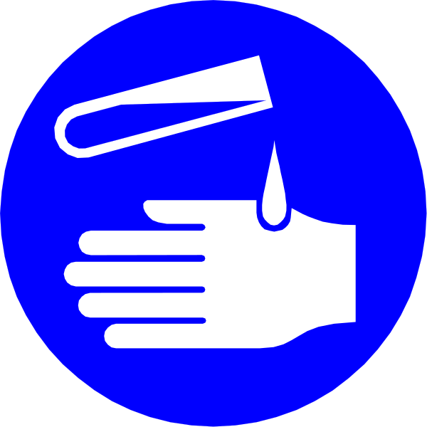 The image shows a blue hand sanitizer dispenser with an illustration of hands washing each other under it on top left corner; in center right there is a white icon depicting water droplets falling from above onto two open palms, and below that symbol are three closed umbrellas.