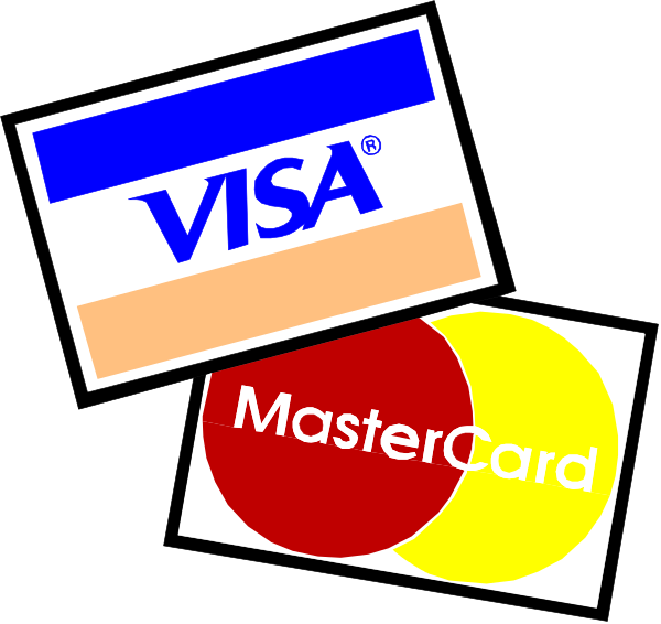The image shows three credit card logos: Visa on top left with a blue background featuring red stripes; Mastercard in center right against an orange backdrop with white text reading "MasterCard"; and Discover Card at bottom, which is yellow-orange with black lettering that says "Discover."