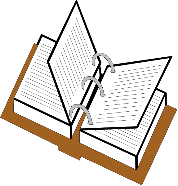 The image shows a black and white illustration of an open book with three rings on its spine placed next to another closed book that is also depicted in two different states: one fully opened showing pages inside and the other partially folded back, revealing only part of it's contents.