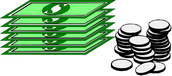 The image shows a pile of money on top of another stack with an American flag design underneath it; there is also a small amount of change in front of both stacks.