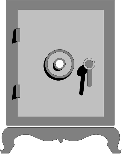 The image shows a gray safe with an open door revealing its interior; there is no visible content inside it except for what appears to be keys on one side of the lock mechanism.