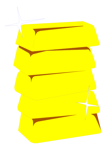 The image shows a stack of gold bars with sparkles around them against a black background.