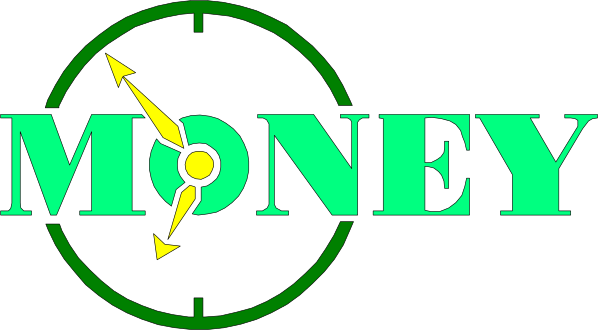 The image shows a graphic with text that reads "MONEY" at the top right corner of an irregularly shaped green circle containing two white arrows pointing in opposite directions from each other within it.