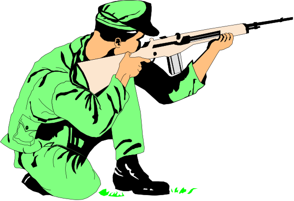 The image shows a black and white illustration of two soldiers: on the left is an older soldier aiming his rifle at something off-frame; he's wearing military gear with insignia that suggests it might be from WWII, including boots, helmet, uniform jacket without sleeves. On the right side stands another younger man in a similar outfit but not as detailed or well equipped, also holding what appears to be an old rifle and looking towards something off-frame; he's wearing shorts instead of long pants like his companion on the left. The background is dark with no
