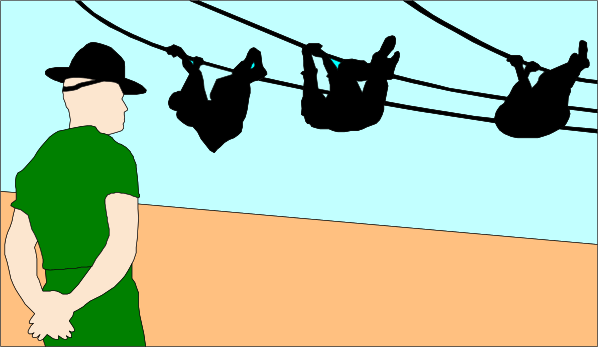 The image shows a person standing on an orange surface with their back to us looking at something offscreen; above them is a black silhouette of multiple birds in flight against a blue sky background.