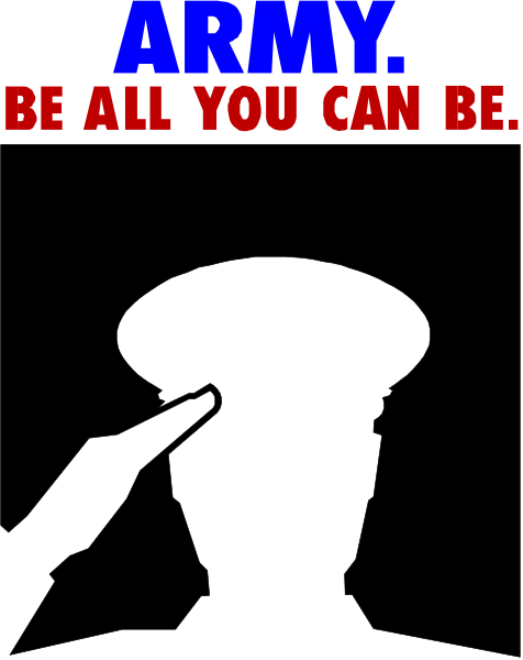 The image shows a black background with white text that reads "Army" at top left corner followed by two lines of smaller red text stating "Be all you can be." Below this is another line in blue reading ". Army". At bottom right, there's an additional phrase in larger font size saying "BE ALL YOU CAN BE. Become a soldier and join the army today!" The image has no other objects or people visible within it.