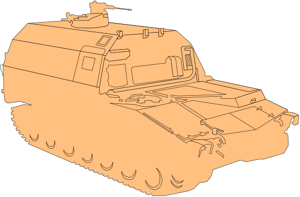 The image shows a tank with an attached turret on its top right side against a black background.