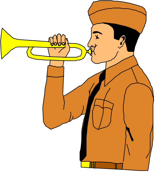 The illustration depicts a man playing an instrument that resembles a trumpet while wearing military attire with badges on his chest; he is standing in front of what appears to be a uniformed officer, who seems to have some sort of insignia or emblem on their sleeve.