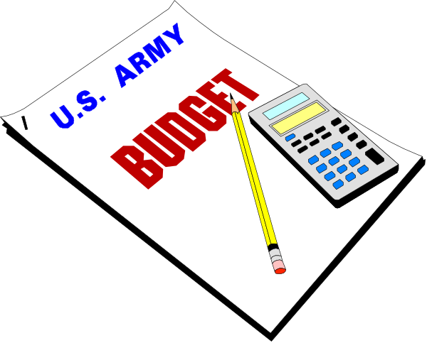 The image shows a piece of paper with text that reads "U S Army" at top left corner followed by "US Budget." Below this is an illustration of a calculator to its right side on the same sheet, and there's also pencil lying next to it in front view.