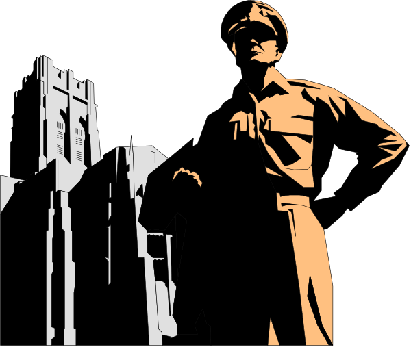 The image shows a black and white photograph of an officer standing next to another person who is facing away from us; both individuals appear in silhouette against what looks like a building with columns behind them.