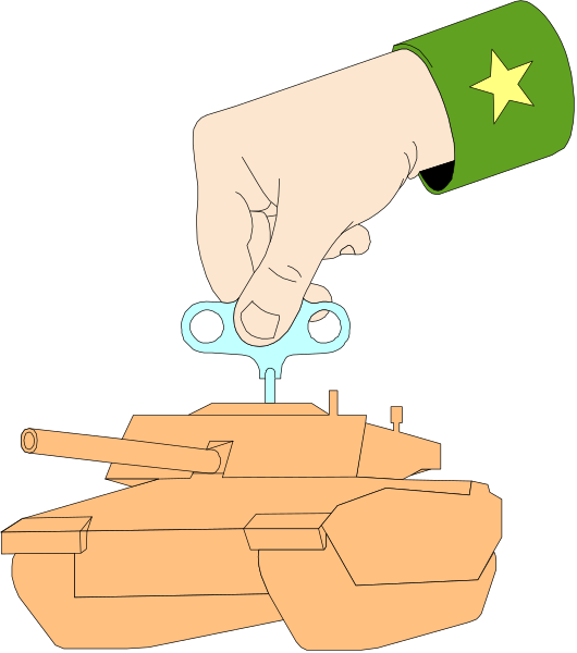 The illustration shows a hand holding an object that resembles a tank with two smaller tanks on top of it overlaid onto another image depicting what appears to be a military vehicle in red color, and there is also a small figure being poured from one container into another by the same hand.