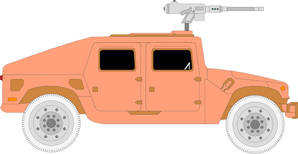 The image shows a toy model of an orange military truck with two wheels visible on its side, equipped with what appears to be weaponry atop it; there is no text present in this clip-art illustration.