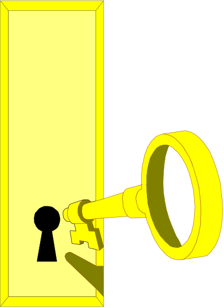 The image shows a yellow door with an open keyhole from which two keys hang on either side of it; there is no visible person in this clip-art illustration set against a black background.