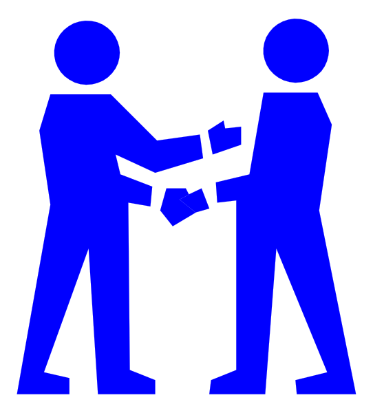 The image shows two blue silhouettes of a man and woman shaking hands with each other while exchanging what appears to be money in their right hand. They stand against a gray background.