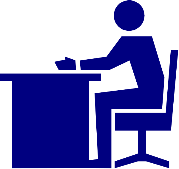 The image shows a blue office chair with an icon of a person sitting on it at a desk that has a computer monitor in front of them; there is also a mouse to their right side.