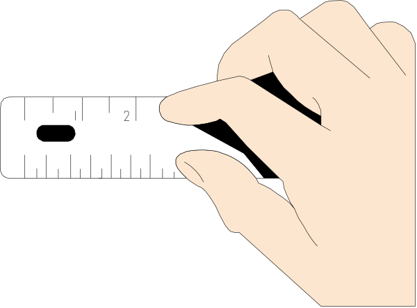 The image shows a hand holding an object with measurements on it against a black background.