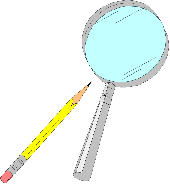 The image shows a magnifying glass with an attached blue lens on top of it next to two pencils; there is no text present in this clip-art illustration.